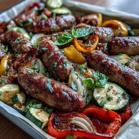 Juicy Italian sausages roast alongside sweet bell peppers, zucchini, and onions for a colorful one-pan dinner.  