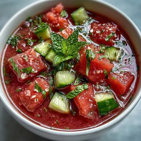 Cool and refreshing vegan watermelon mint gazpacho, featuring crisp cucumber, zesty lime, and aromatic mint for a perfect summer soup.
