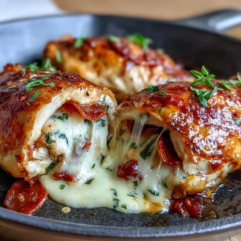 Keto pizza-stuffed chicken breasts filled with mozzarella, marinara, and pepperoni, seared golden and baked to bubbly perfection.  