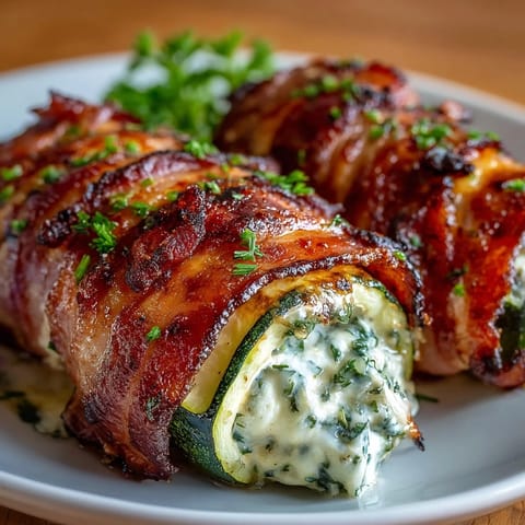 Keto bacon-wrapped zucchini boats with cheesy herb filling, golden and crispy, served on a baking tray with fresh parsley garnish.  