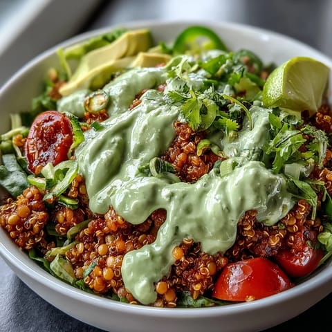 Flavorful vegan lentil-quinoa taco meat simmered in spices, served in bowls with zesty avocado lime crema.  