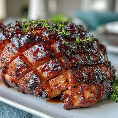 A golden baked ham glazed with rich black currant jam, its surface glistening and caramelized for a festive centerpiece.