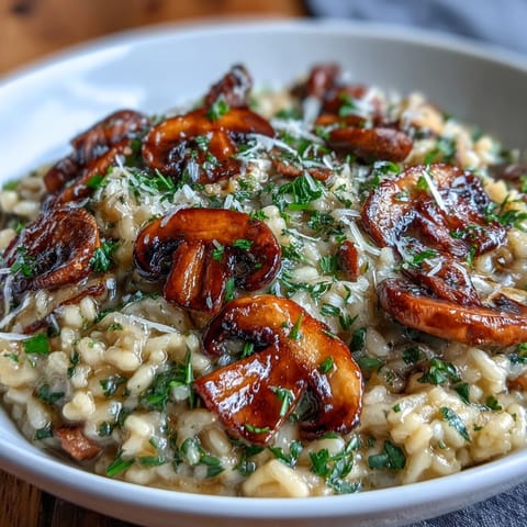 Wild mushroom risotto with truffle oil, creamy and rich, garnished with fresh parsley and Parmesan.  