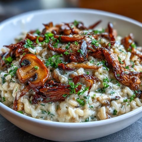 Aromatic wild mushroom risotto drizzled with truffle oil, served in a rustic bowl for an elegant presentation.  