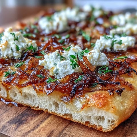 Crispy baked flatbread topped with rich, slow-cooked caramelized onions and creamy goat cheese crumbles, finished with a drizzle of honey.  