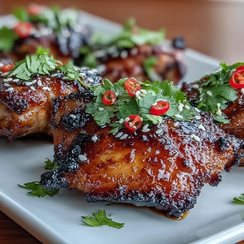 Oven-roasted chicken thighs glazed with sticky chili jam, delivering a perfect balance of sweet and spicy flavors for an easy weeknight dinner.  