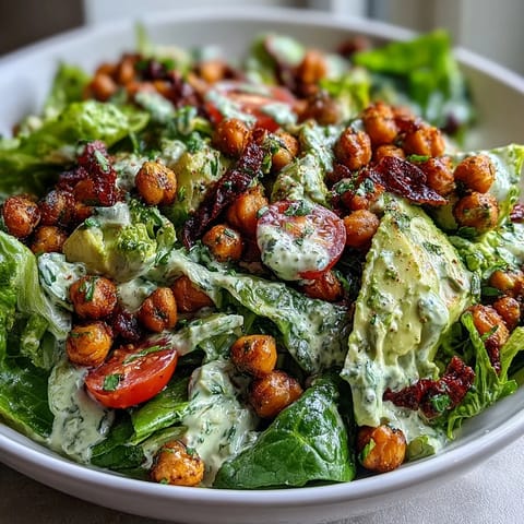 Vibrant green goddess salad featuring fresh spinach, cucumber, cherry tomatoes, and a rich pistachio dressing.  