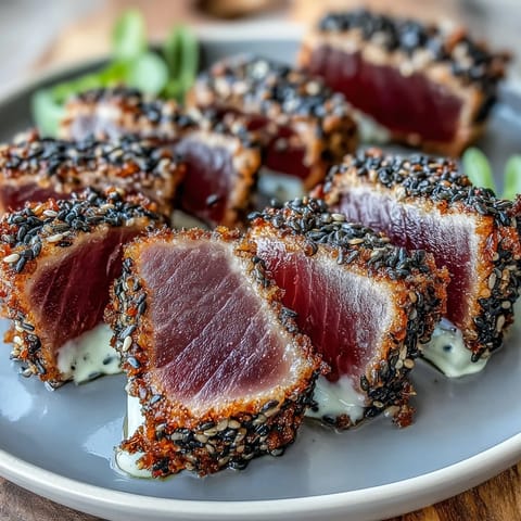 A perfectly seared tuna steak coated in crunchy black sesame seeds, sliced rare and served with a vibrant wasabi mayonnaise.