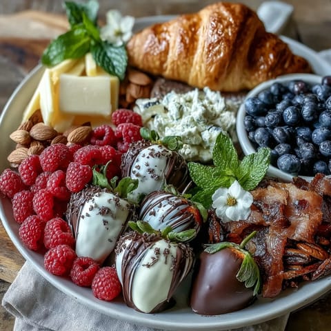 A festive Galentine's brunch berry charcuterie board with chocolate-dipped strawberries, fresh cheeses, and savory nuts for a sweet celebration.