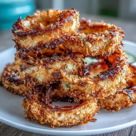 Crispy golden onion rings air fried to perfection, served with creamy garlic aioli for a flavorful appetizer.  