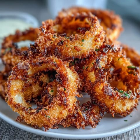 Hot and crunchy onion rings coated in panko and Parmesan, paired with zesty homemade garlic aioli dip.  