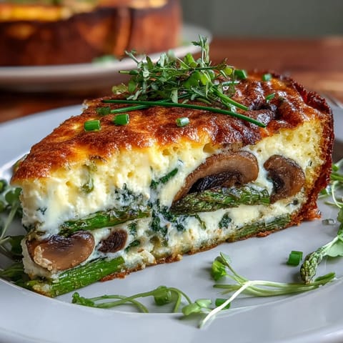 A golden frittata baked over crisp sourdough, filled with tender asparagus and sautéed mushrooms—perfect for a savory brunch centerpiece.