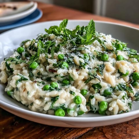 Spring pea and mint risotto with Parmesan, showcasing bright green peas and a rich, velvety texture in a shallow serving bowl.  