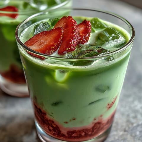 A vibrant iced strawberry matcha latte with layers of sweet strawberry puree, creamy milk, and frothy green tea, served over ice.
