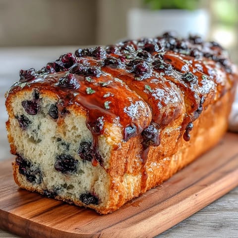 Lemon blueberry sourdough bread with vibrant swirls of tangy fruit filling, baked to golden perfection in a classic loaf shape.  