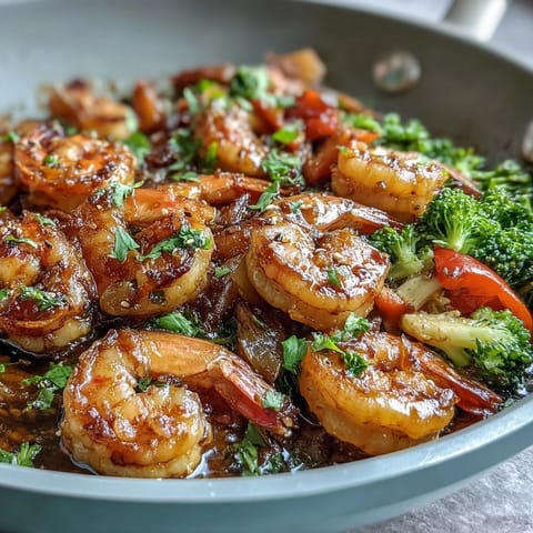 Juicy shrimp and fresh vegetables sizzle in a hot wok, glazed with a glossy, umami-rich stir-fry sauce.  