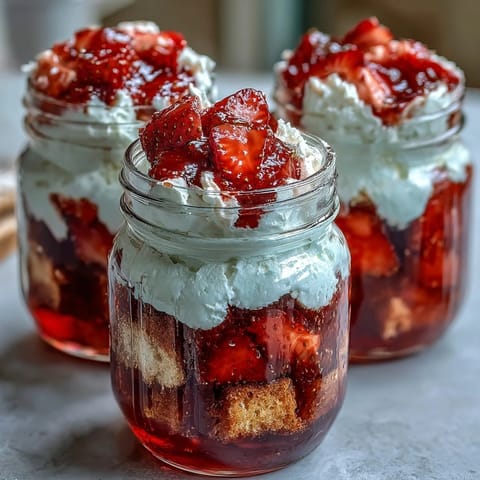 Beautiful strawberry shortcake trifle in mason jars with layers of fluffy shortcake, fresh strawberries, and whipped cream.