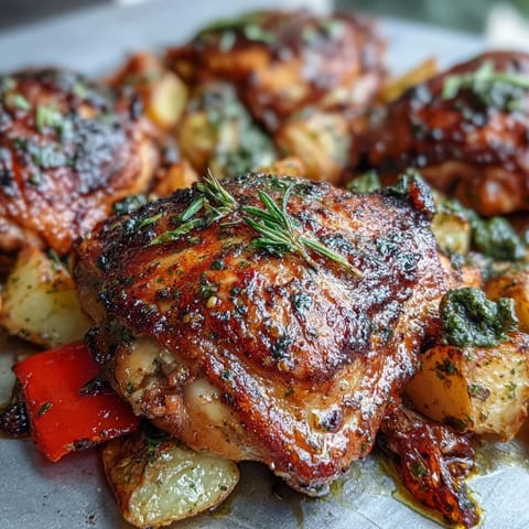 Sheet pan chicken with roasted vegetables, golden chicken thighs nestled among colorful roasted carrots, peppers, and potatoes, fresh parsley garnish.
