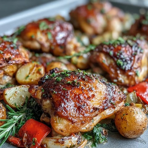 Juicy, smoky paprika-seasoned chicken thighs roast alongside tender zucchini, red onion, and baby potatoes on a single sheet pan.