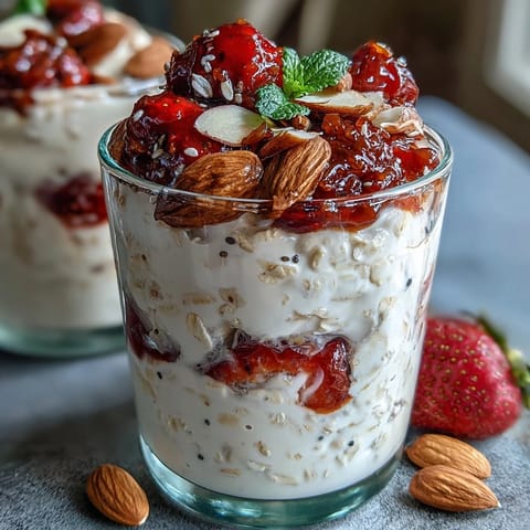 Protein-packed strawberry overnight oats with creamy Greek yogurt and chia seeds, ready for a healthy breakfast.
