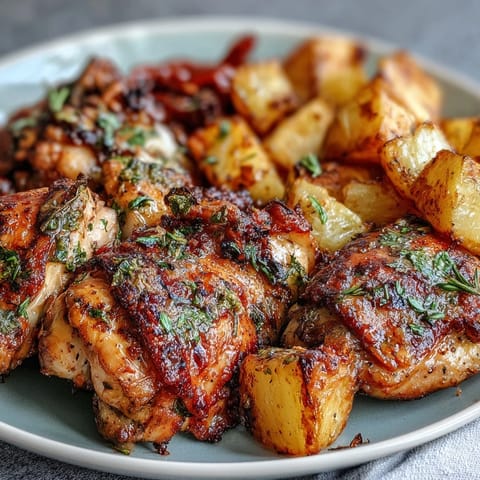 Easy Sheet Pan Chicken & Veggie Dinner with golden roasted chicken thighs and tender carrots and potatoes.