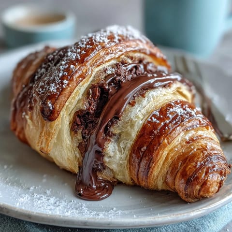 Golden sourdough croissants with rich dark chocolate filling, baked until crisp and flaky, perfect for an indulgent breakfast or elegant brunch.