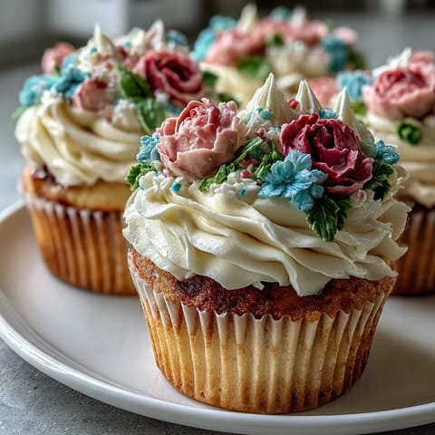 Delicate vanilla cupcakes crowned with pastel buttercream flowers, ideal for baby showers and spring celebrations.  