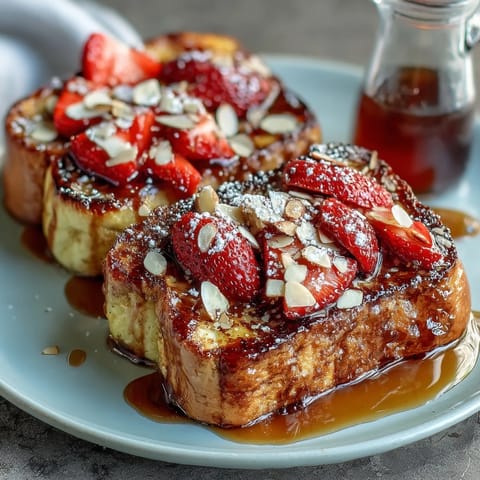 A golden, custardy strawberry French toast bake with fresh berries and a crisp almond topping, ready for Mother's Day brunch.