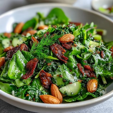 Vibrant spring green salad with honey mustard dressing, topped with crunchy toasted almonds and fresh herbs. A refreshing vegetarian dish perfect for lunch.
