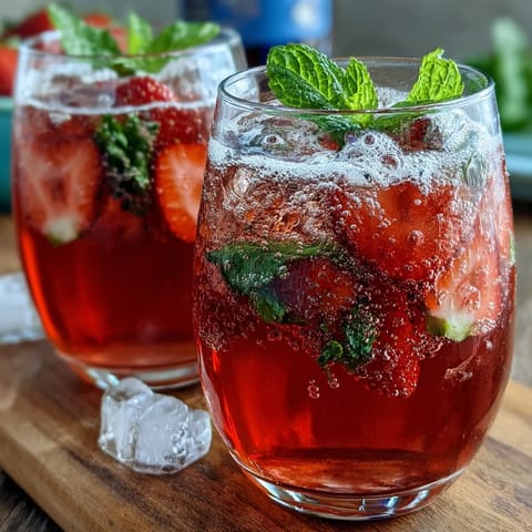 A vibrant strawberry lemon sparkling mocktail with fresh mint and citrus slices in chilled glasses, perfect for spring gatherings.