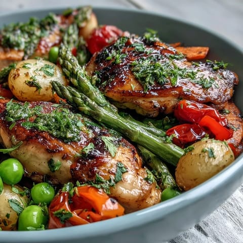 Vibrant sheet pan chicken with spring veggies, featuring juicy chicken and fresh asparagus roasted to perfection.