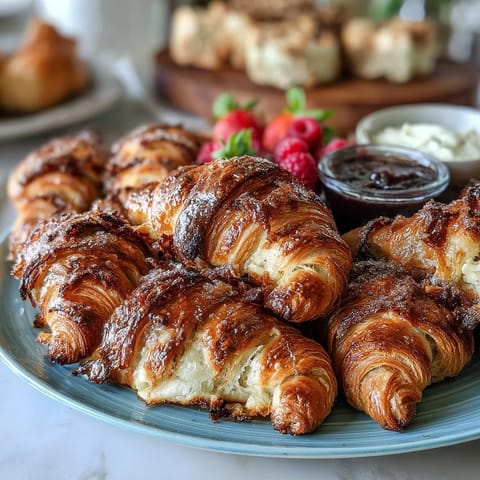 Elegant Mothers Day brunch board with flaky pastries, fresh fruit, and mimosas for a festive morning celebration.