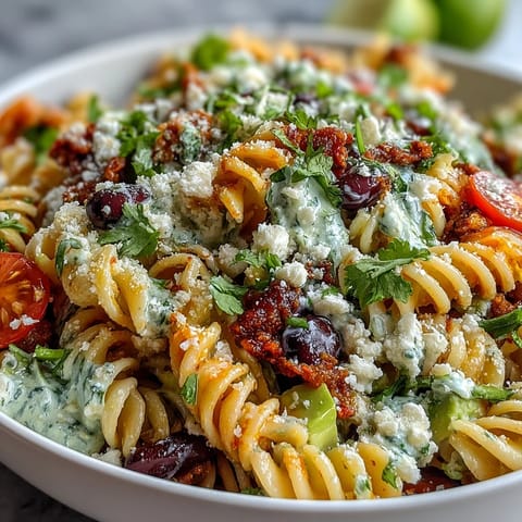Vibrant Easy Taco Pasta Salad with colorful veggies, creamy dressing, and crunchy tortilla chips, perfect for summer potlucks.