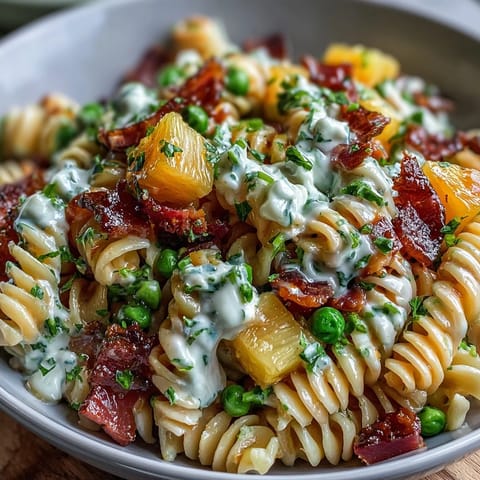 1. Hawaiian pasta salad with ham, pineapple, and ranch, served in a colorful bowl with fresh herbs.  