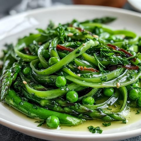 Fresh shaved asparagus and pea salad with lemon dressing, featuring crisp ribbons of asparagus and sweet green peas tossed in a bright citrus vinaigrette.