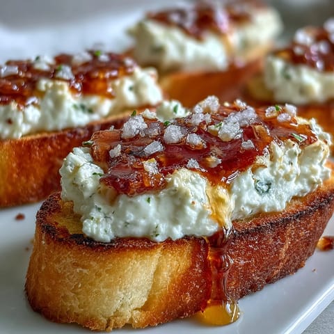 Golden-brown toasted baguette slices topped with creamy whipped goat cheese, drizzled with shimmering hot honey and fresh thyme.