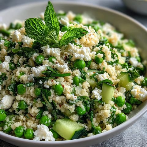 Vibrant Spring Pea and Mint Couscous Salad with fresh peas and fluffy couscous, garnished with crumbled feta and mint leaves.