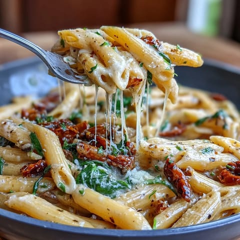 Creamy one-pot Tuscan pasta with spinach and sun-dried tomatoes in a rich white wine sauce, garnished with Parmesan cheese.