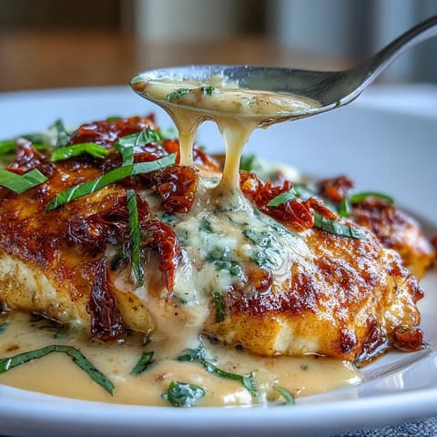 Creamy Marry Me Chicken with sun-dried tomatoes and Parmesan in a rich garlic sauce, served in a skillet.