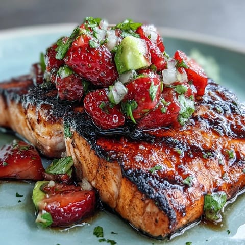Grilled salmon with colorful strawberry avocado salsa, a perfect light summer meal.