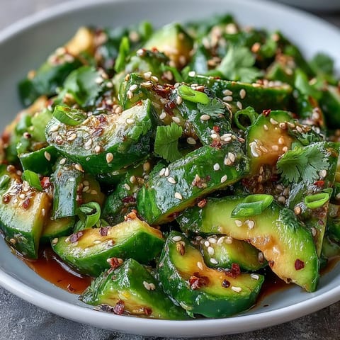 Smashed cucumber and avocado salad, vibrant, fresh, with toasted sesame seeds.