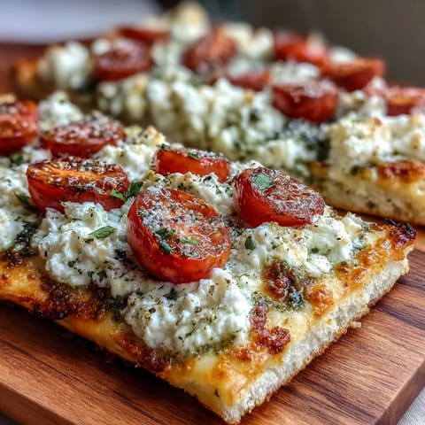 Viral Cottage Cheese Flatbread with vibrant pesto and ripe tomatoes.