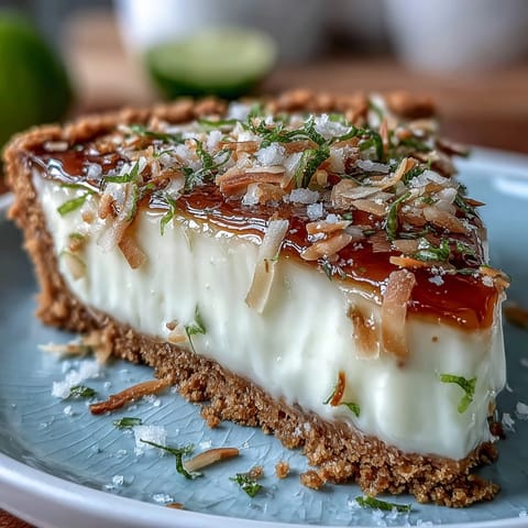 Close-up of Coconut Lime Tart with a vibrant, creamy filling and toasted coconut garnish.