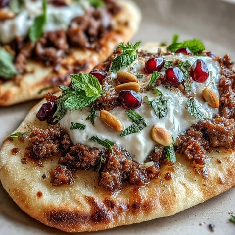 A golden, spiced lamb flatbread pizza topped with creamy yogurt and vibrant pomegranate seeds.  