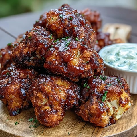 Crispy vegan BBQ cauliflower wings with creamy ranch, perfect appetizer.