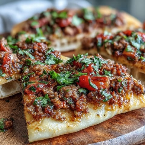 Crispy Turkish Lahmacun topped with savory lamb, fresh veg, and bright sumac.