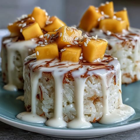 Golden coconut mango sticky rice cups, a luscious tropical dessert delight.