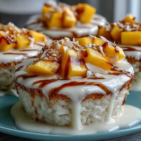 Sweet sticky rice cups, topped with vibrant mango chunks and creamy coconut.