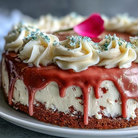 Elegant Bridal Shower Rosé Velvet Cake with a shimmering gold drip detail.