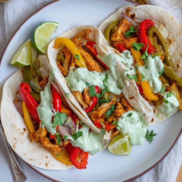 Stacked Chicken Fajitas with Lime Crema: A close-up showcasing the creamy drizzle.